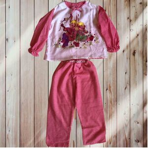 Vintage Girl's 2 Piece Top & Bottom Checkered Pajamas. Boy and Girl at the park.